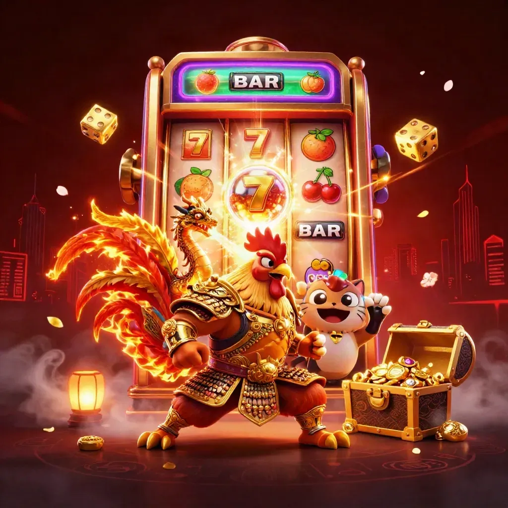 Samurai rooster, spark-breathing dragon hatchling, and fortune cat amid exploding slot machine.