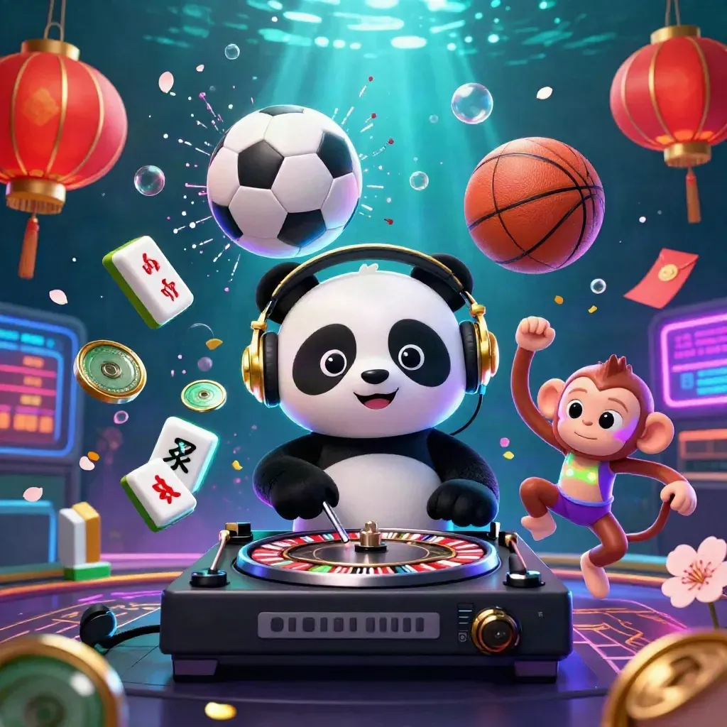 Panda DJ, dancing monkey, and glow-stick kitten in a neon underwater casino splash with flying balls and gold effects