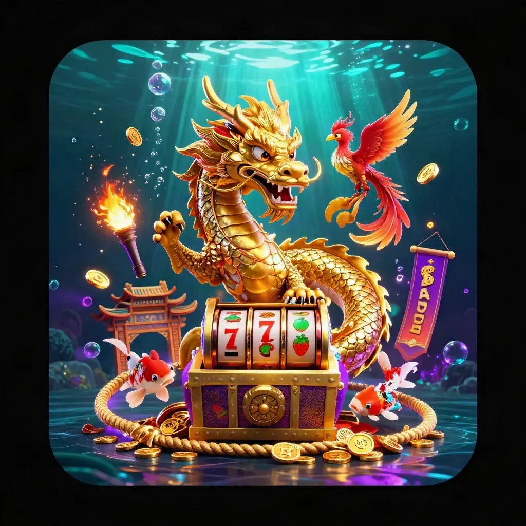 Golden dragon, phoenix and koi in a neon underwater treasure scene with casino symbols.