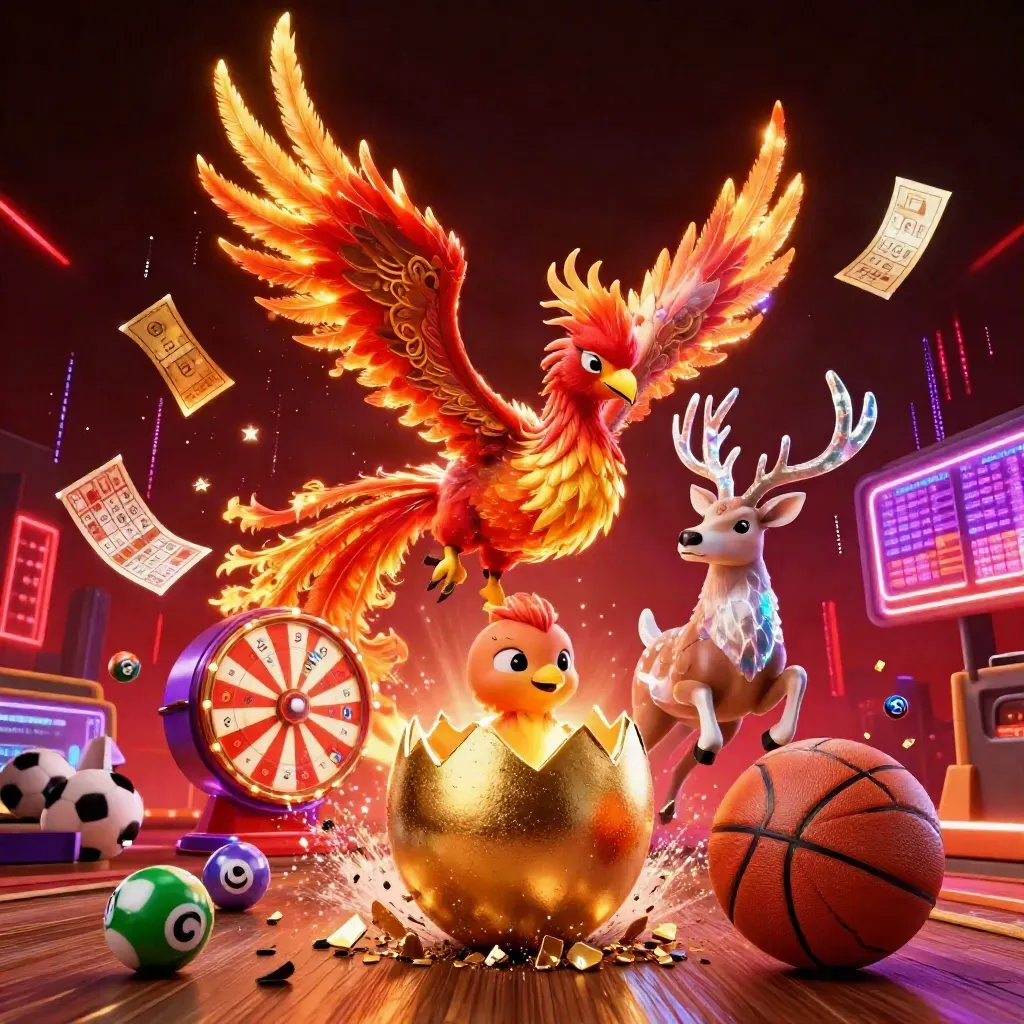 Phoenix, stag and baby phoenix burst around a frozen basketball with casino props and neon glow.