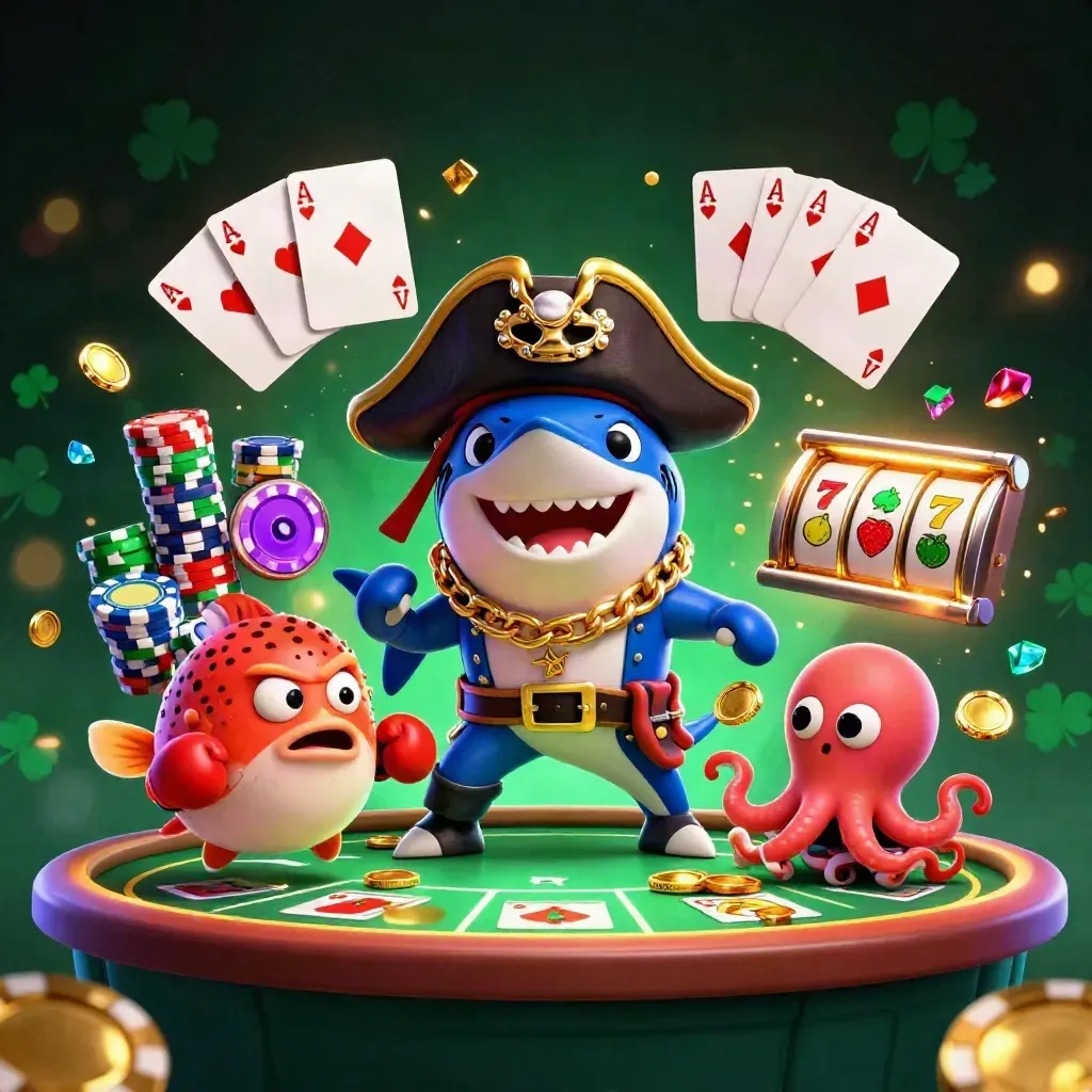 Pirate shark, boxing pufferfish, and coin-juggling octopus over a casino poker table.