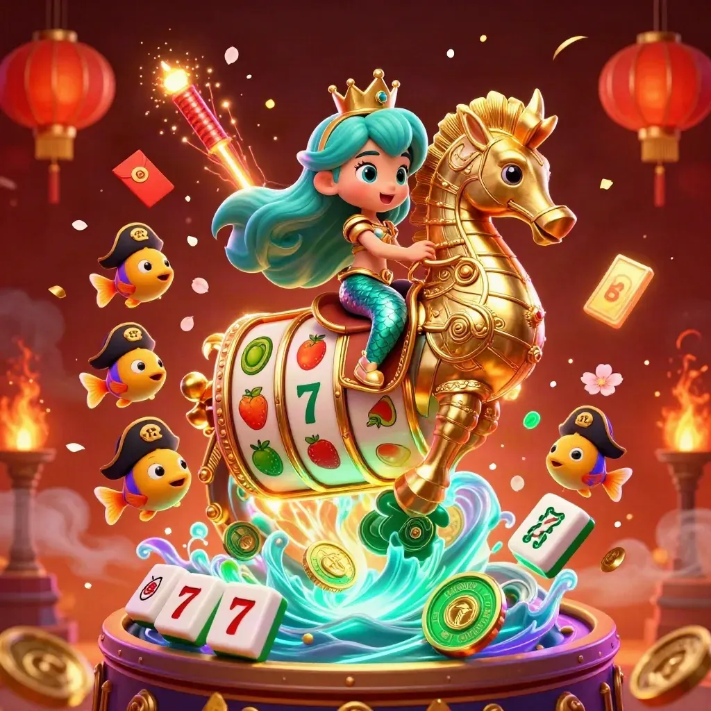 Mermaid princess rides armored seahorse amid pirate fish, slot symbols, lanterns, and embers.